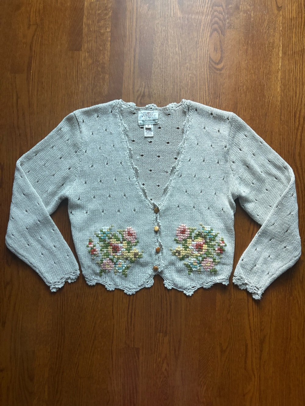 Vintage 1990 Hand Embroidered Sweater Cardigan Cottagecore